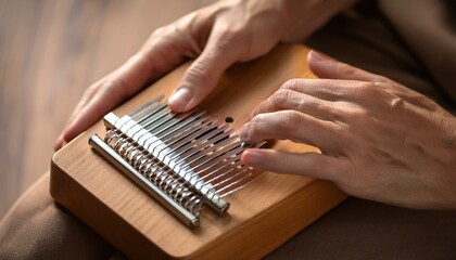 A close-up of hands playing the kalimba, plucking the metal keys with fingers