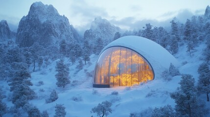 Modern glass cabin in snowy mountainous landscape