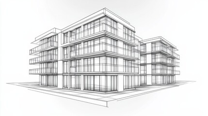 Architectural Drawing of Modern Residential Buildings with Glass Facades and Open Balconies, Illustrating Contemporary Design Concepts in Open Space