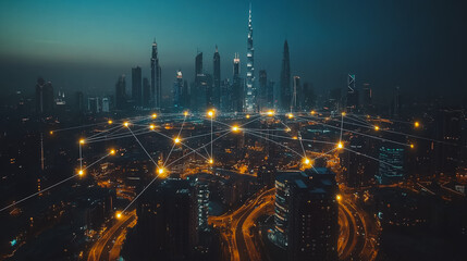 Fototapeta premium Smart digital Innovation city with connection network reciprocity over the cityscape. of future smart wireless city and social media networking systems that connects business people with in city