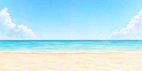 Obraz premium Serene Beach Scene, Tranquil Ocean Meeting Sandy Shore Under a Summer Sky