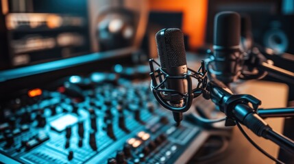 A recording studio scene featuring various microphones set up for a session