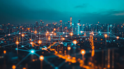 Fototapeta premium Smart digital Innovation city with connection network reciprocity over the cityscape. of future smart wireless city and social media networking systems that connects business people with in city