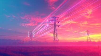 Dramatic sunset scenery with high voltage electricity transmission towers and power lines silhouetted against a colorful cloudy sky in a rural countryside environment  Concept of energy