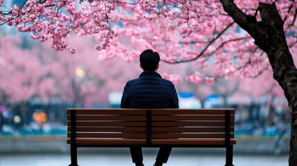 A solo traveler sitting on a wooden bench under blooming cherry trees, enjoying the tranquil beauty of spring