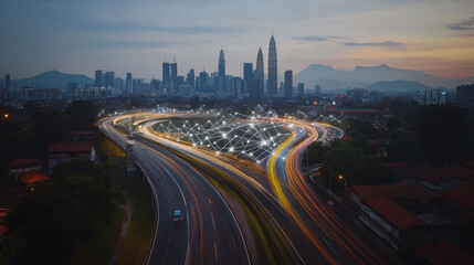 Obraz premium Smart digital Innovation city with connection network reciprocity over the cityscape. of future smart wireless city and social media networking systems that connects business people with in city