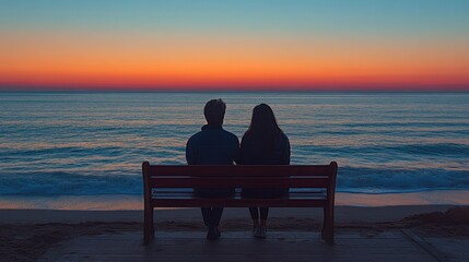 Obraz premium A couple sits on a bench by the sea, watching a colorful sunset.