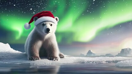 Fototapeta premium Polar bear with Christmas hat under northern lights