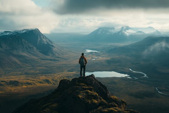 Traveler standing on a high mountain peak overlooking a vast misty valley with lakes - Powered by Adobe