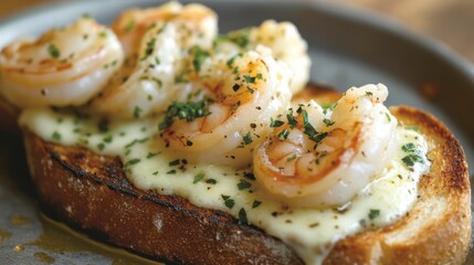 Delicious Shrimp and Cheese Toast with Fresh Herbs on a Rustic Plate, Perfect for Gourmet Dishes and Elegant Dining Experiences
