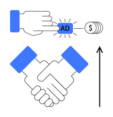 Hand clicks ad button handshake between two figures upward arrow stack of coins. Ideal for advertising, partnership, marketing, growth, business, collaboration, finance. Line metaphor