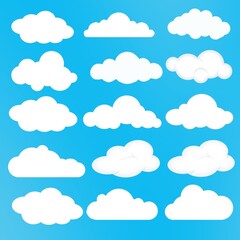 White clouds set isolated on the blue background. Vector illustration decorative design.