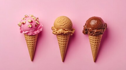 Three Delicious Ice Cream Cones on Pink Background Featuring Pink Strawberry, Creamy Caramel, and Rich Chocolate Flavors Perfect for Summer Treats or Sweet Desserts