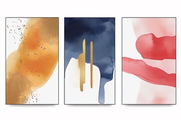 Abstract Gold Watercolor Paintings Triptych Set