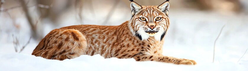 Obraz premium A close-up shot of a lynx sitting in a snowy forest, isolated on a frosty background with sharp lighting emphasizing its piercing eyes and pointed ears