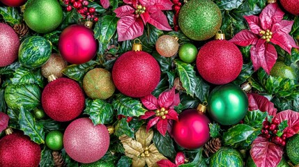 festive holiday decorations with ornaments and foliage