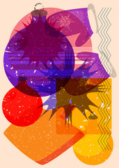 Risograph Mitten Glove and Christmas decoration ball with speech bubble with geometric shapes. Objects in trendy riso graph print texture style design with geometry elements.