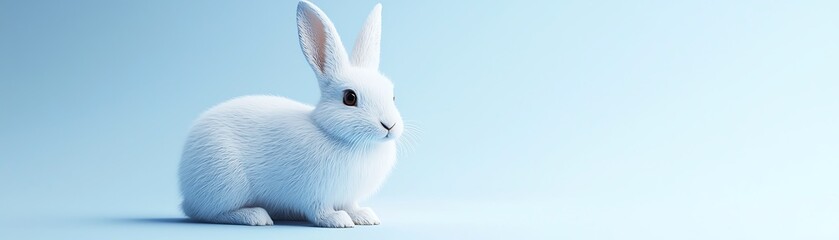 Obraz premium A single, ultra-detailed snowy hare crouching in the snow, isolated on a pale blue background with subtle lighting capturing its soft fur and alert posture