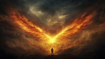 A silhouette stands before fiery wings emerging from dark clouds, symbolizing transformation.