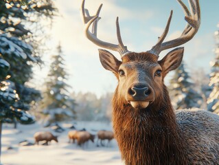 Fototapeta premium Inside the studio, a herd of elk grazing on frosty grass is arranged against a blurred winter landscape with soft lighting enhancing their graceful postures and sharp antlers