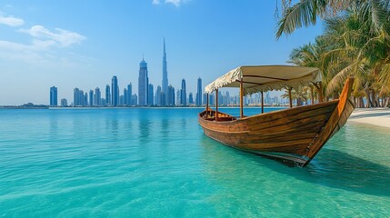 Obraz premium Wooden boat on beach with city skyline.