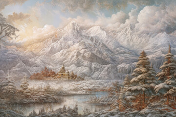a picturesque winter scene with majestic mountains covered with snow. In the center of the composition is a small wooden church with domes, surrounded by snow-covered trees 