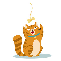 A cheerful cartoon cat excitedly reaching out for a dangling colorful bow, perfect for various petrelated themes