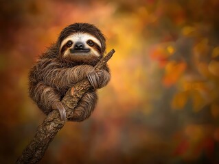 Fototapeta premium Inside the studio, a sloth clinging to a tree branch is arranged against a blurred rainforest background with soft lighting capturing its shaggy fur and slow elegance
