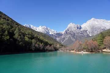Blue Moon Valley, Lijiang Yunnan China the popular spot inside the Jade Dragon Snow Mountain Scenic Area. Beautiful nature panoramic scenery 