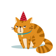 A cute, slightly grumpylooking cat adorned with a party hat, ideal for bringing birthdaythemed designs to life