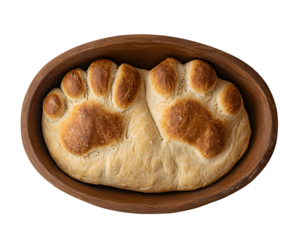 Paw Print Shaped Bread Loaf in Wooden Bowl Isolated On A White Background, PNG Transparent