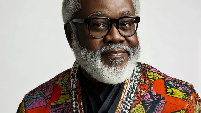 Stylish older man with gray beard wearing colorful patterned jacket in portrait setting