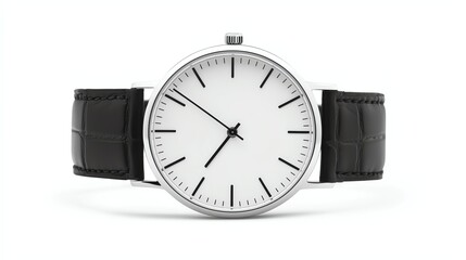 A sleek, minimalist wristwatch featuring a white dial and black leather strap, perfect for any occasion.