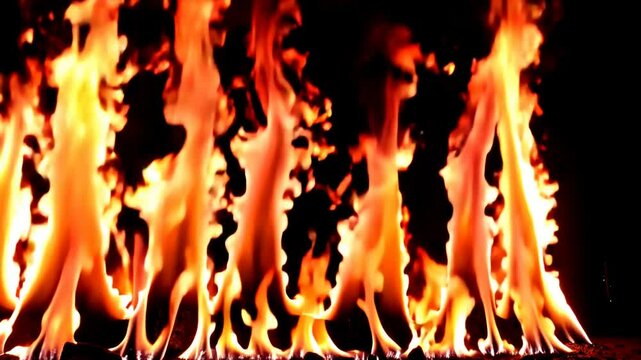 Bright orange flames burning wildly on black background