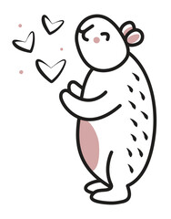 Cute black line dreamy capybara in love plays with hearts, vector doodle of trendy kawaii character, big friendly rodent for a postcard, coloring page, fabric prints, etc.
