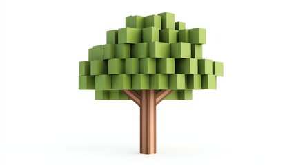 A stylized, geometric tree with a brown trunk and layered green foliage, symbolizing nature and simplicity.