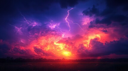 Dramatic lightning over fiery sunset.