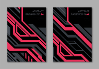 Pink neon vertical covers for A4 marketing materials. Abstract geometric lines design in cyberpunk style.