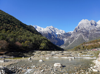 Blue Moon Valley, Lijiang Yunnan China the popular spot inside the Jade Dragon Snow Mountain Scenic Area. Beautiful nature panoramic scenery 