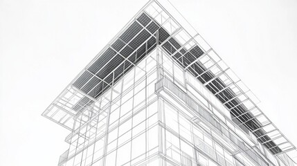 Fototapeta premium Contemporary Architectural Design Illustration Featuring Modern Building Structure with Angular Shapes and Glass Facade Captured in Wireframe Style