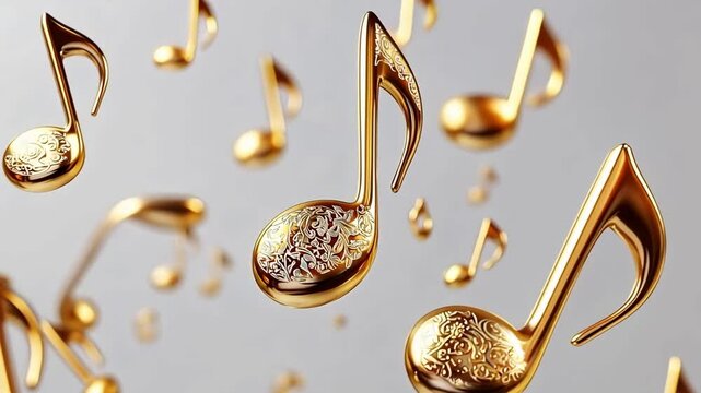 Golden musical notes floating, ornate design, luxury, elegant, abstract background.  Video perfect for music, celebration, or luxury themes.