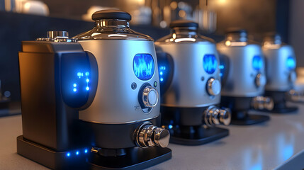 Row of metallic 3D printed robotic coffee machines with blue LED lights, for mockup or advertising, on a sleek surface