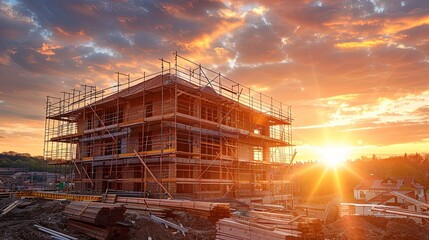 Obraz premium Sunset illuminates a brick building under construction