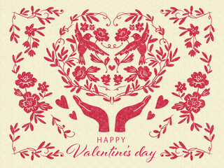 A modern and stylish symmetrical vector illustration of flowers and birds for a Valentine's Day card 
