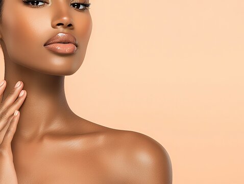 A professional studio shot of a model's glowing decolletage area, isolated on a light peach background with sharp lighting emphasizing the smooth, hydrated skin texture