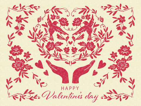 A modern and stylish symmetrical vector illustration of flowers and birds for a Valentine's Day card	
