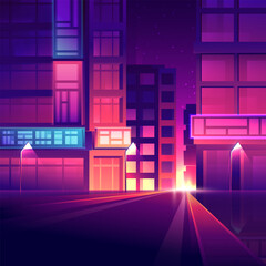 Pink evening street modern buildings on sunset light background. Empty dusk residential city skyline illustration.