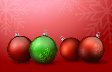 Merry Christmas and New Year holiday festive greeting card design decorations with Christmas balls realistic 3d on a red background. Merry Christmas and Happy New Year 2025