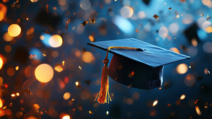 Blue background illustration with bokeh colorful shiny gold confetti and graduation cap, copy space. college university degree diploma achievement celebration, congratulations, award, academy banner.