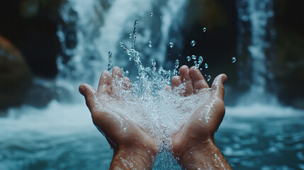 Fototapeta premium Closeup of nature waterfall river water stream flowing, splash in man hands. outdoor environment pure liquid drop, fresh clean natural healthy refreshment, white, mountain, drink, aqua.